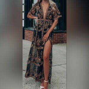 Black Embellished Maxi Skirt with Slit for Night Out